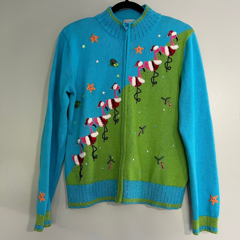 Berek XL Christmas Flamingo Zip Cardigan Beaded Sequin Tropical Holiday Sweater